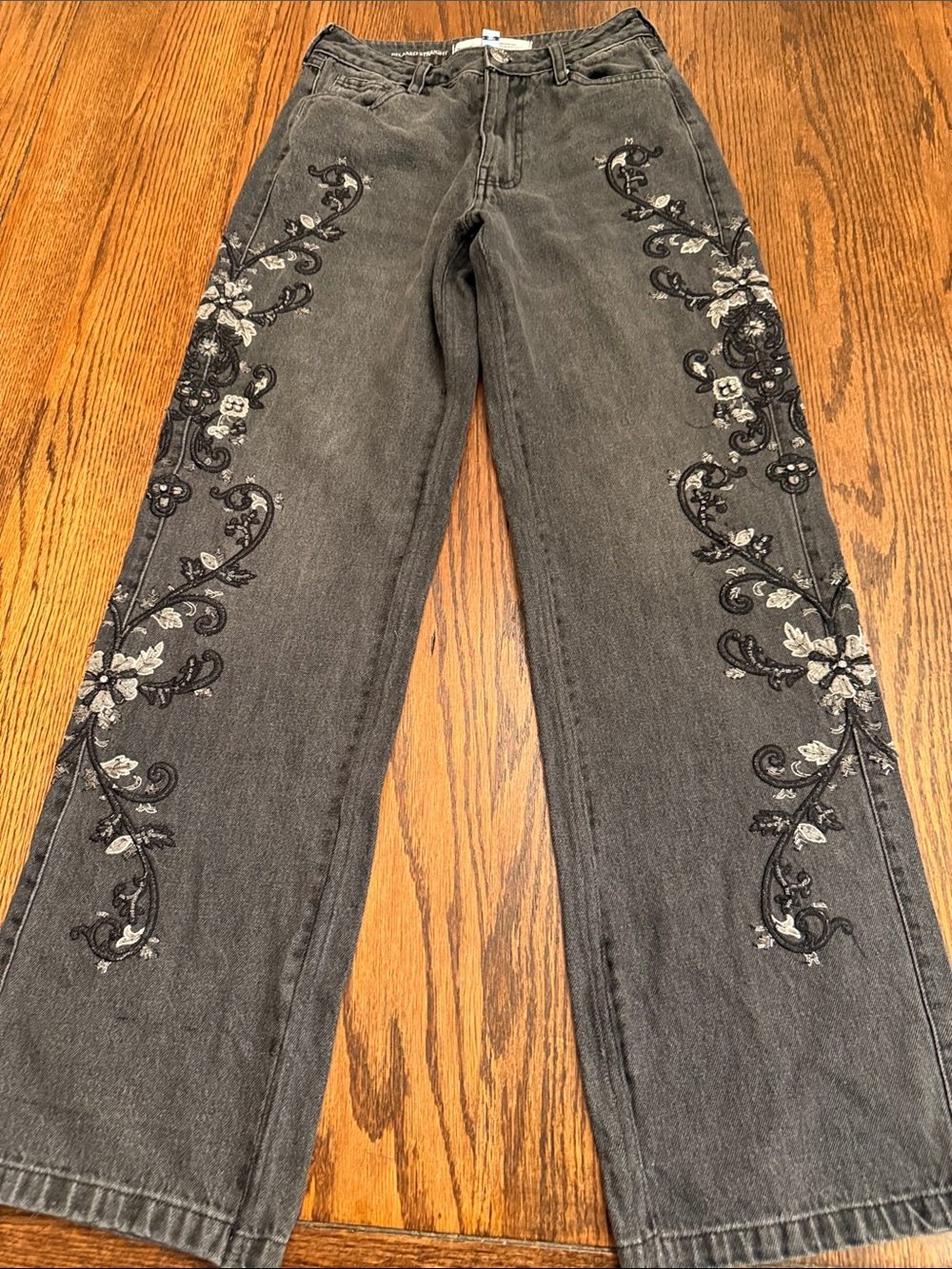 Embroidered Beaded Jeans Relaxed Straight Black Floral River Island US 2R